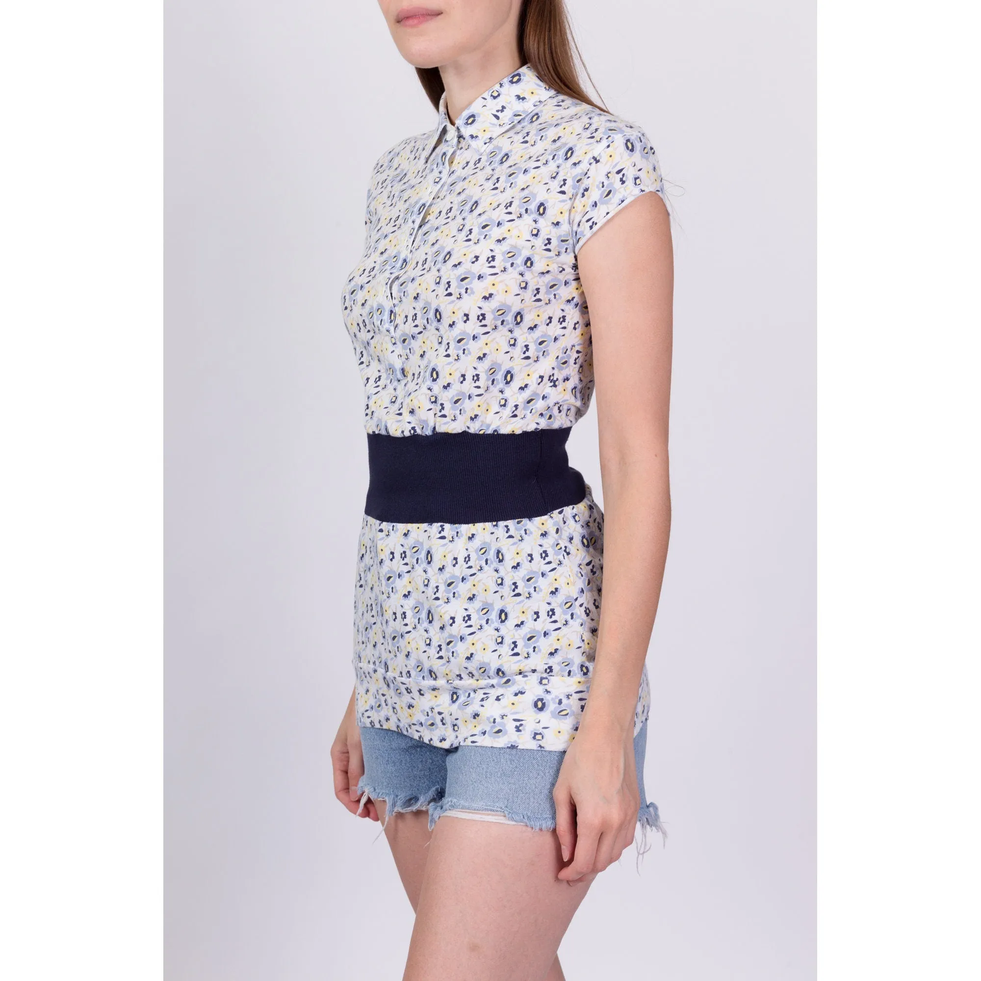 80s 90s Preppy Floral Polo Top - Extra Small