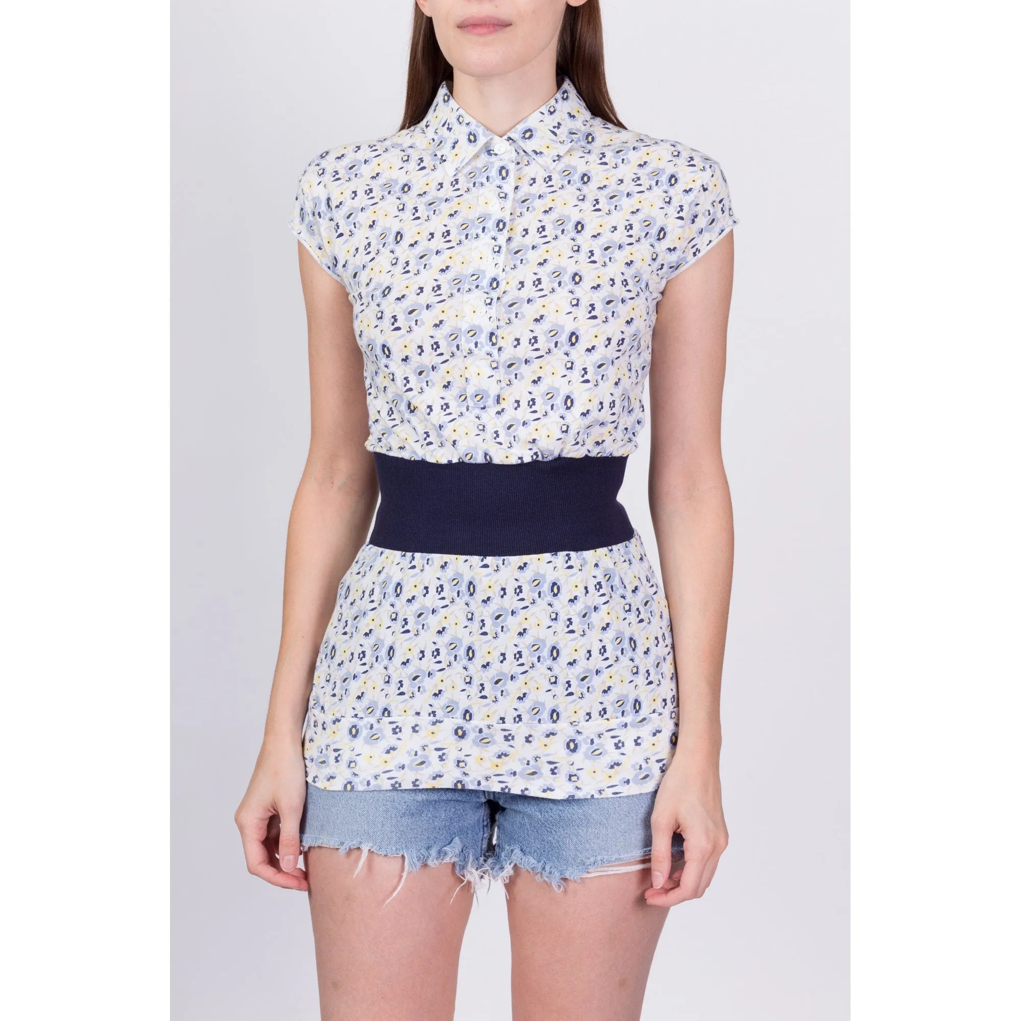 80s 90s Preppy Floral Polo Top - Extra Small