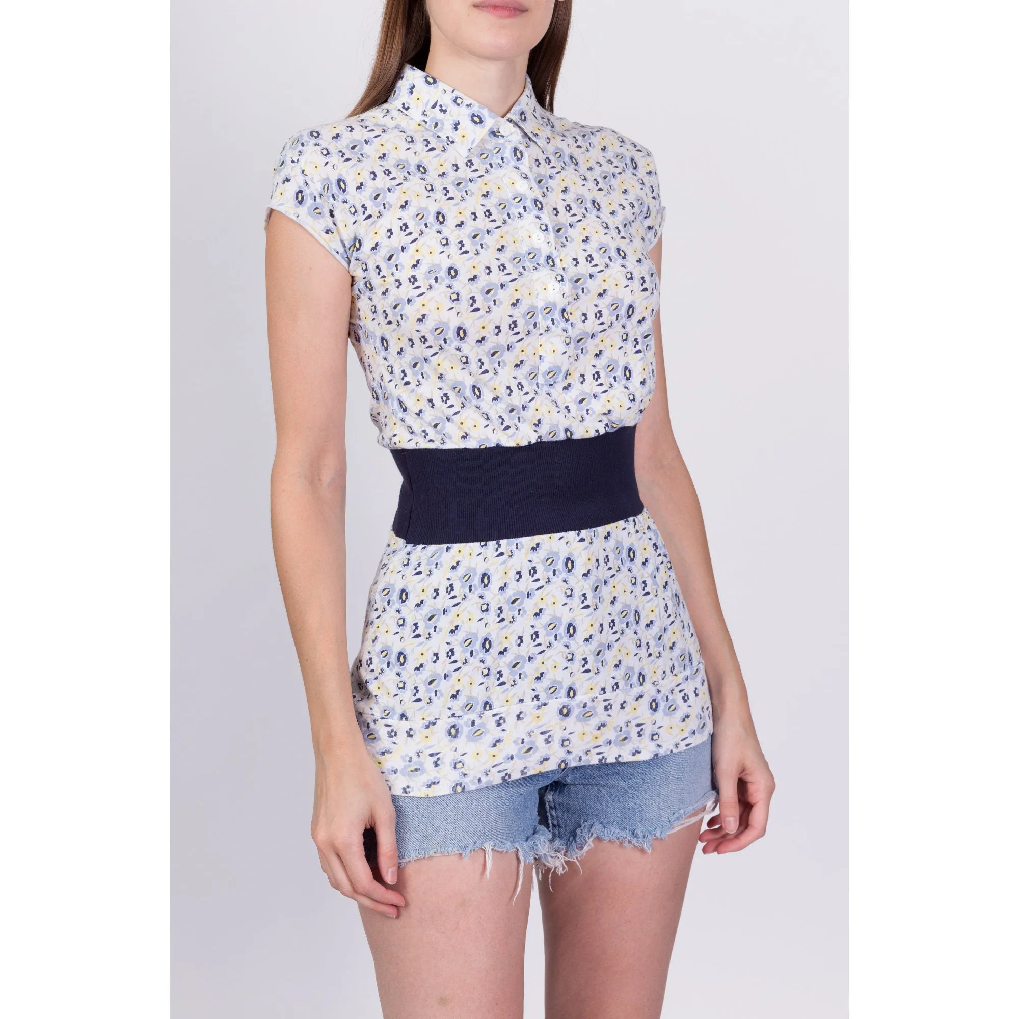 80s 90s Preppy Floral Polo Top - Extra Small