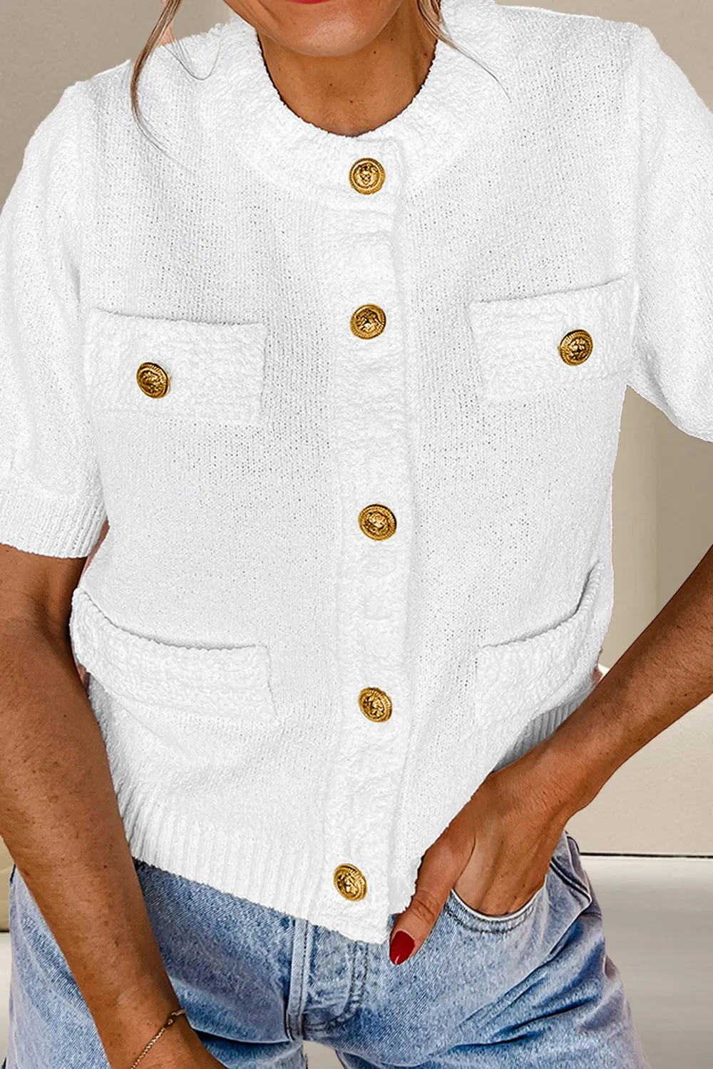 Autumn Button Up Round Neck Short Sleeve Knit Top
