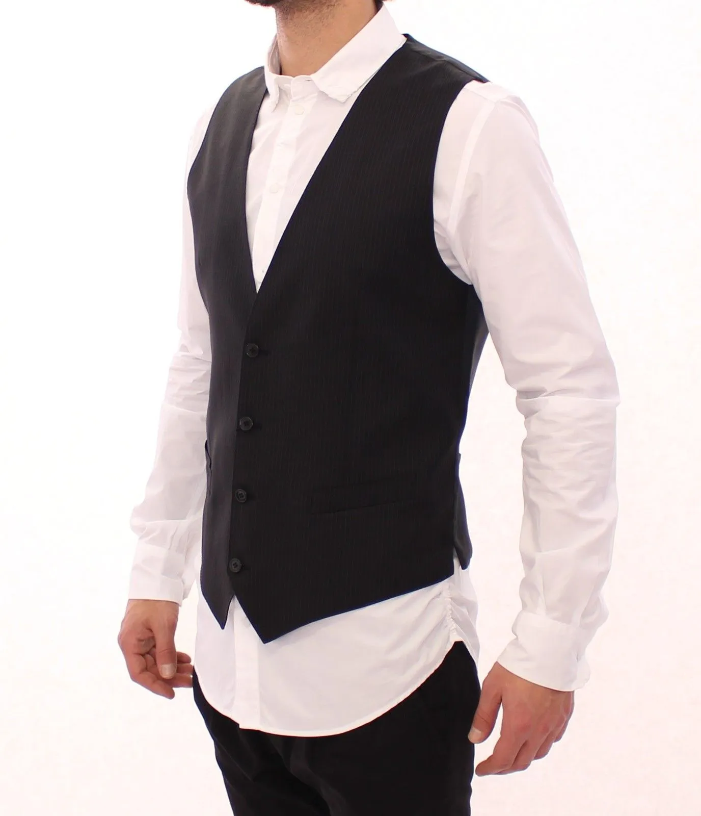 Black Striped Wool Single Breasted Vest