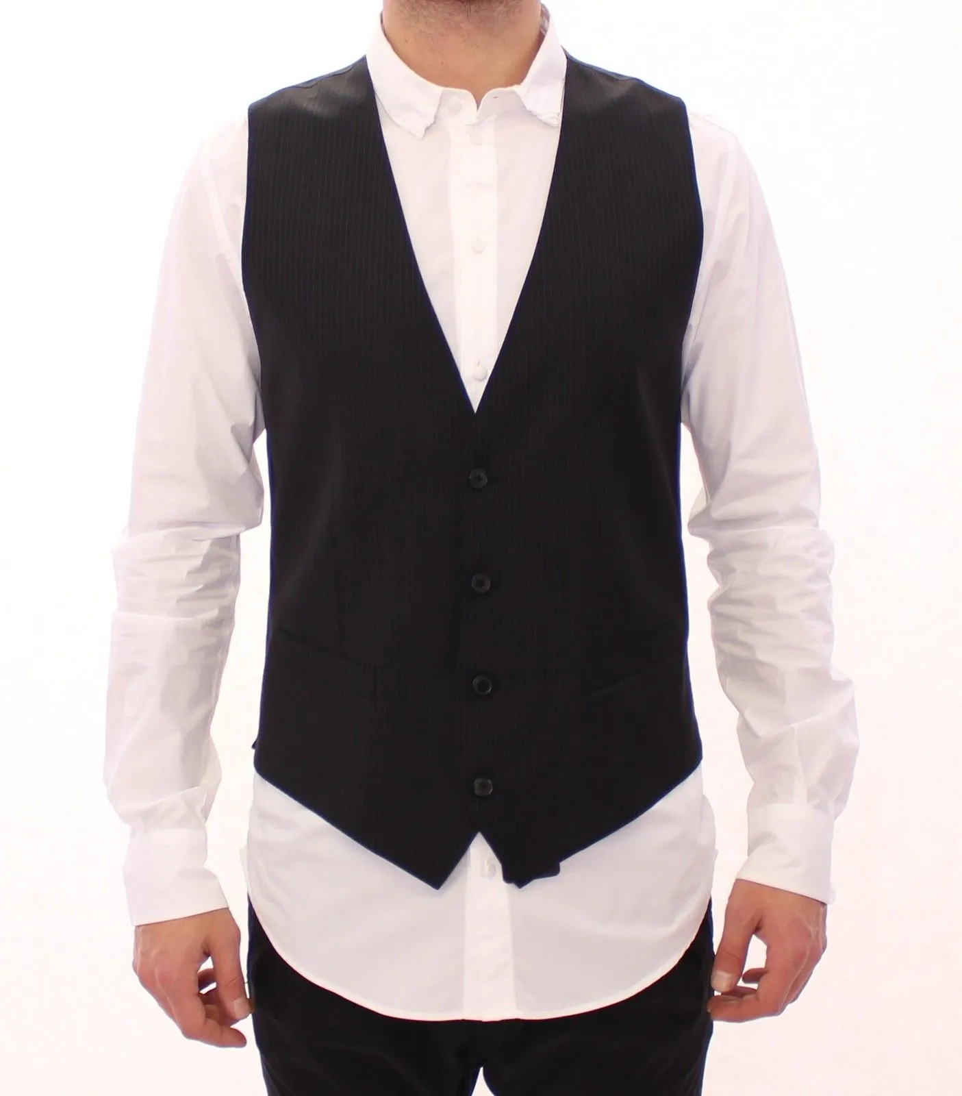 Black Striped Wool Single Breasted Vest
