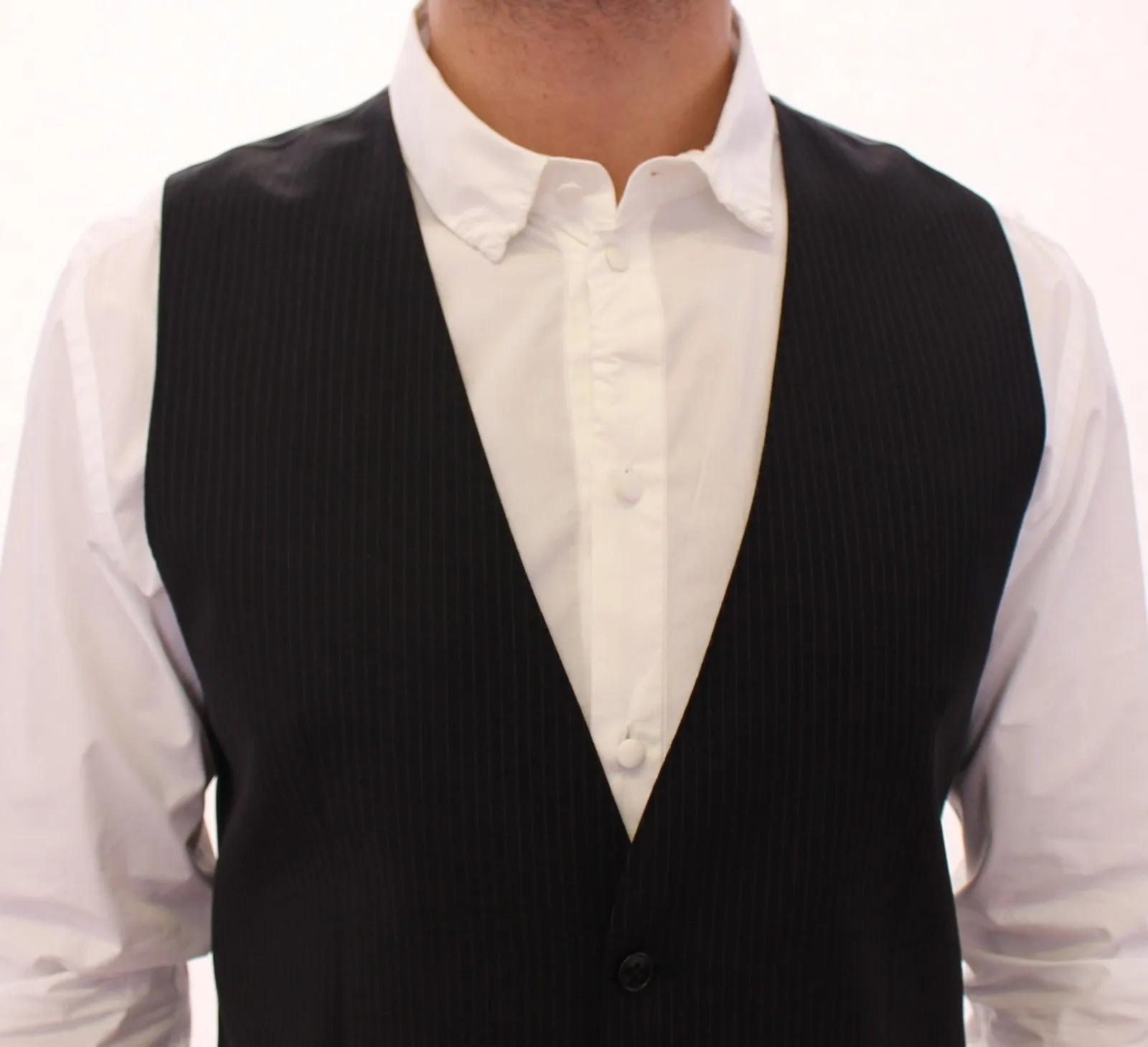 Black Striped Wool Single Breasted Vest