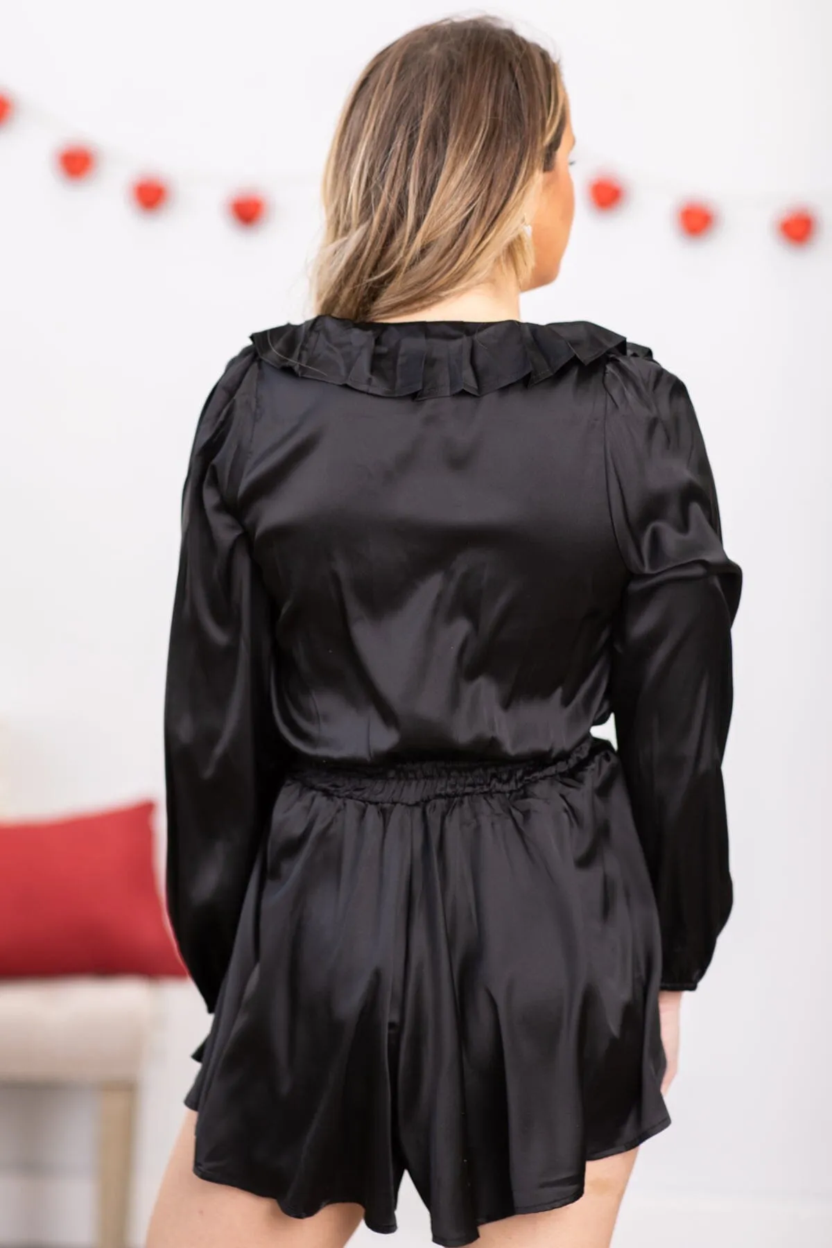 Black Surplice Front Long Sleeve Romper