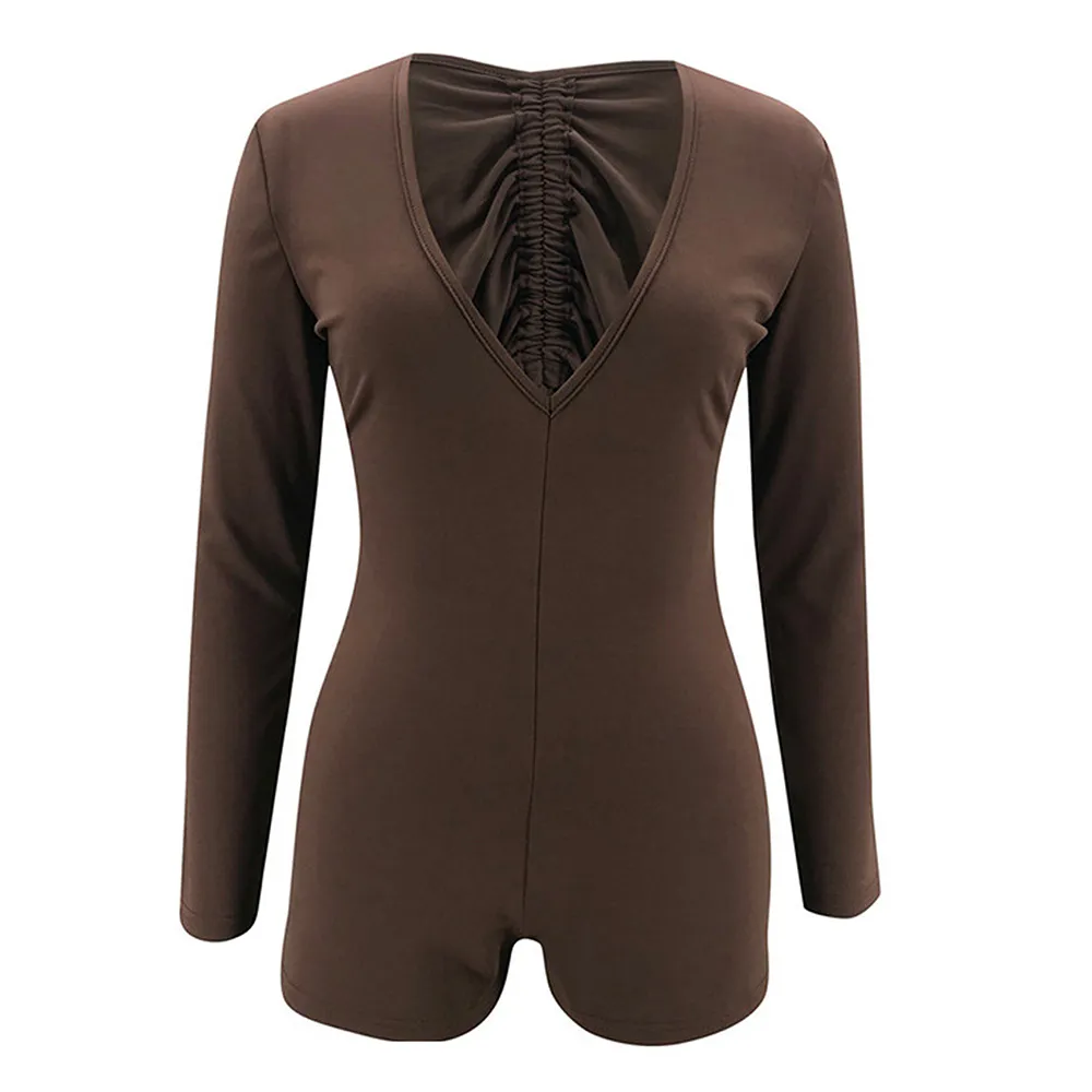Brown Long Sleeve Deep V-Neck Solid Romper