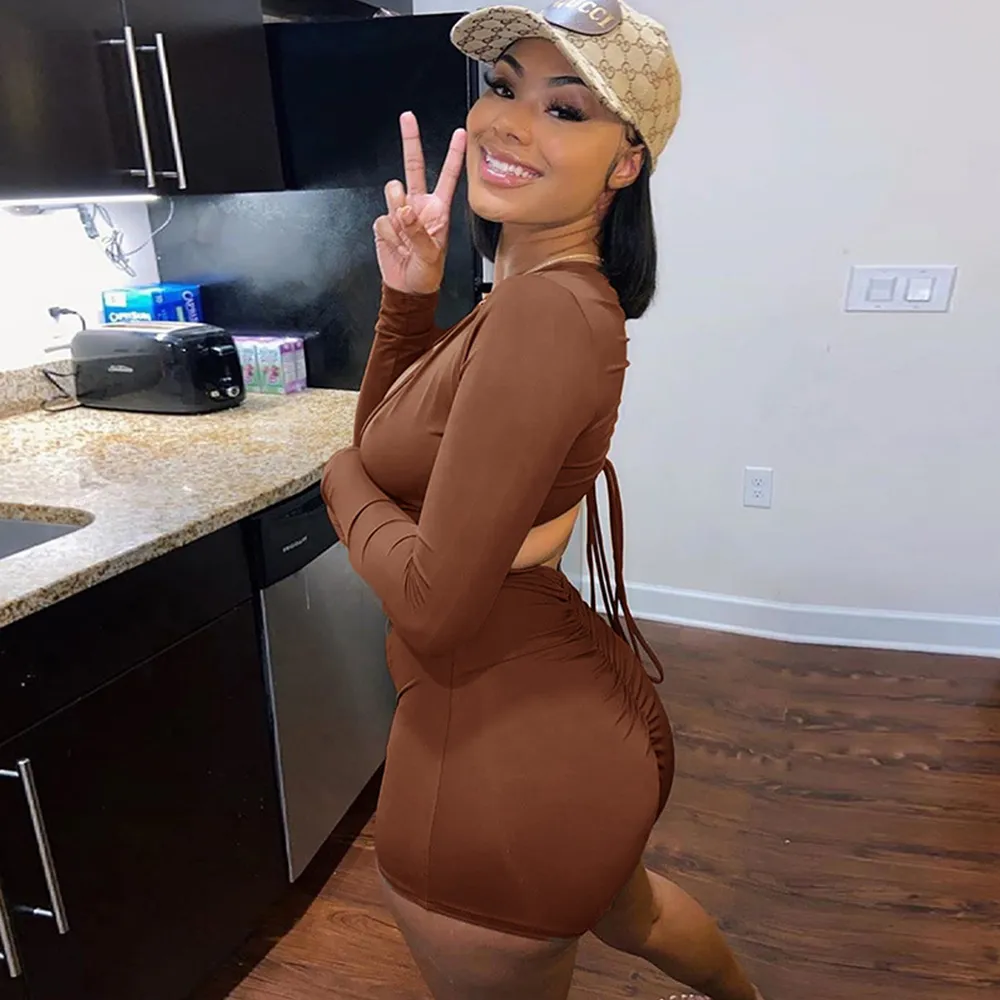 Brown Long Sleeve Deep V-Neck Solid Romper