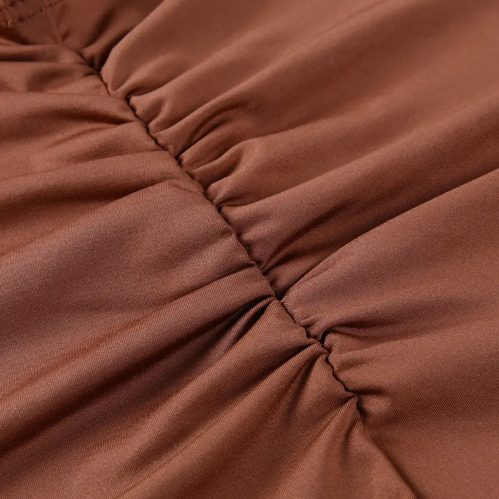 Brown Long Sleeve Deep V-Neck Solid Romper
