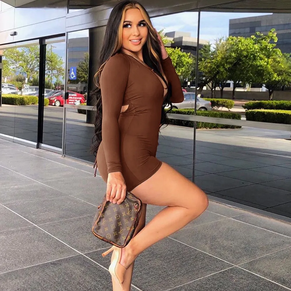 Brown Long Sleeve Deep V-Neck Solid Romper