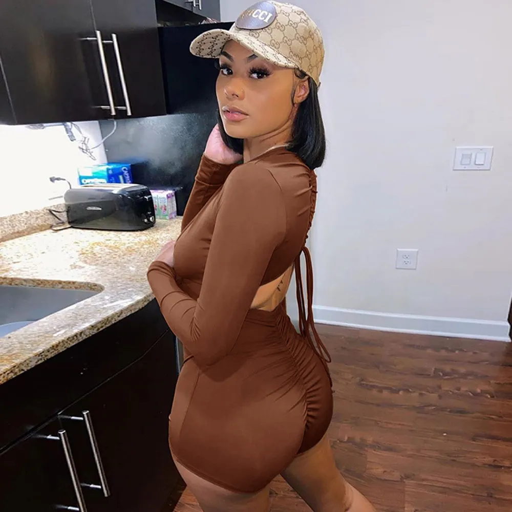 Brown Long Sleeve Deep V-Neck Solid Romper