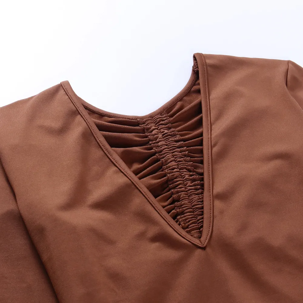 Brown Long Sleeve Deep V-Neck Solid Romper