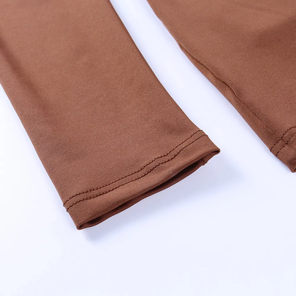 Brown Long Sleeve Deep V-Neck Solid Romper