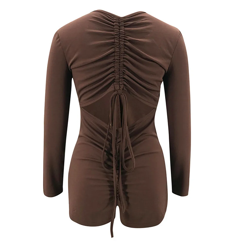 Brown Long Sleeve Deep V-Neck Solid Romper