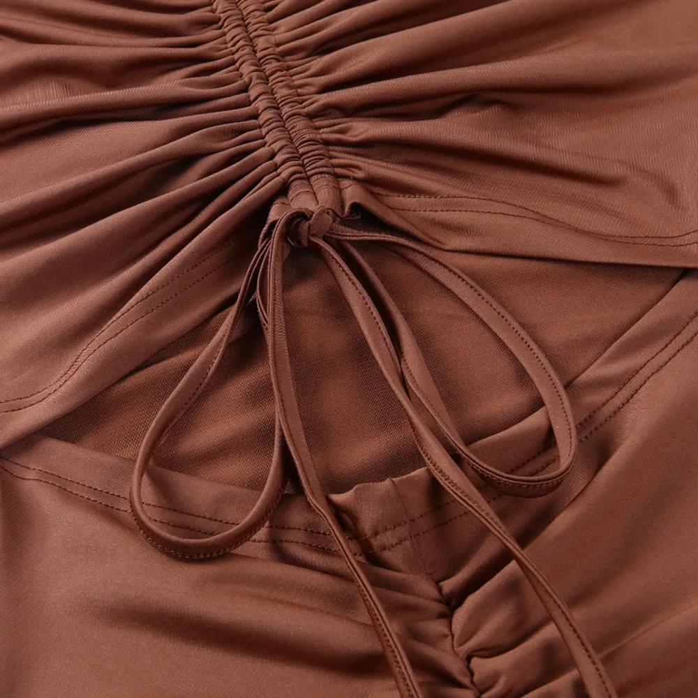 Brown Long Sleeve Deep V-Neck Solid Romper