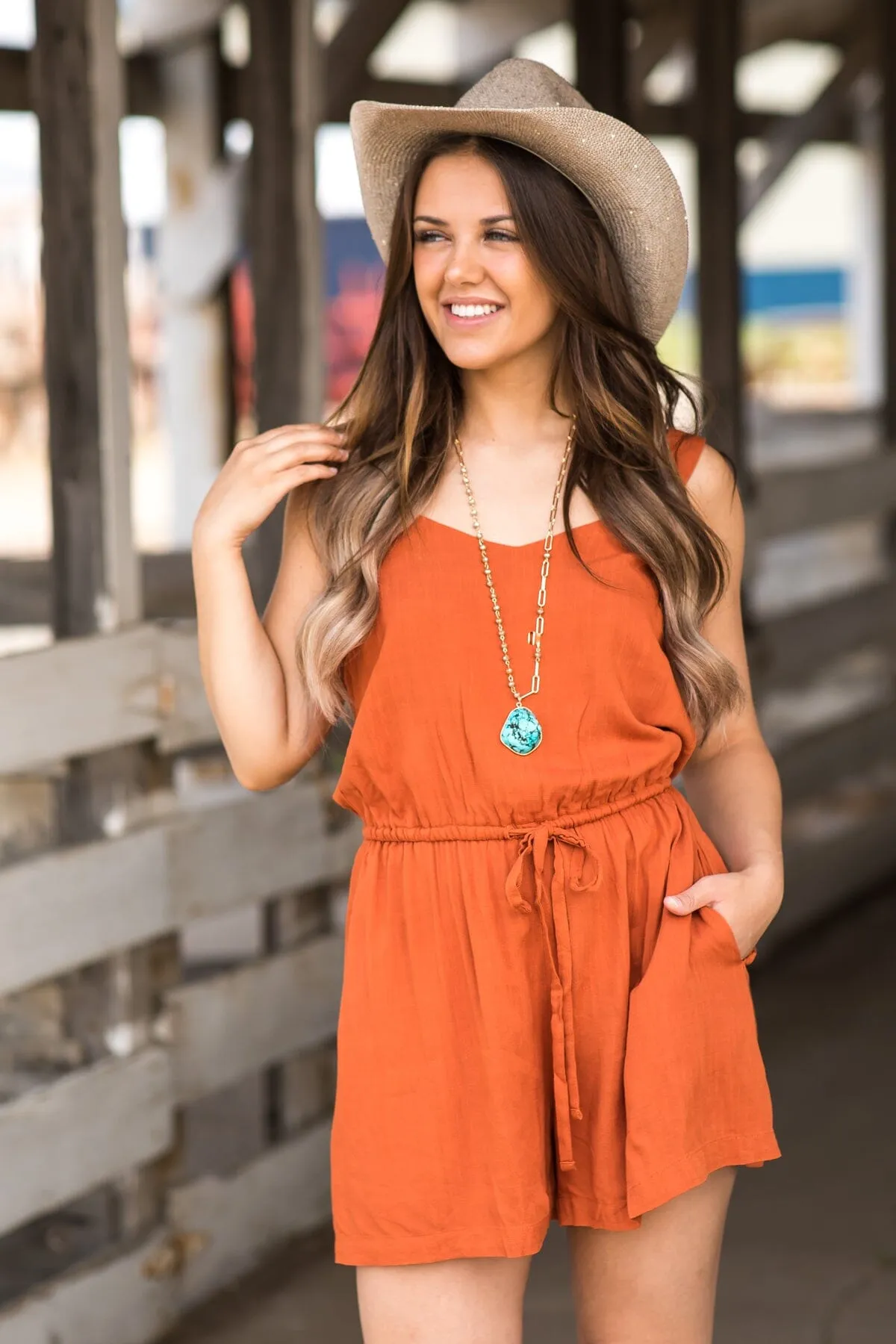 Burnt Orange Drawstring Waist Romper
