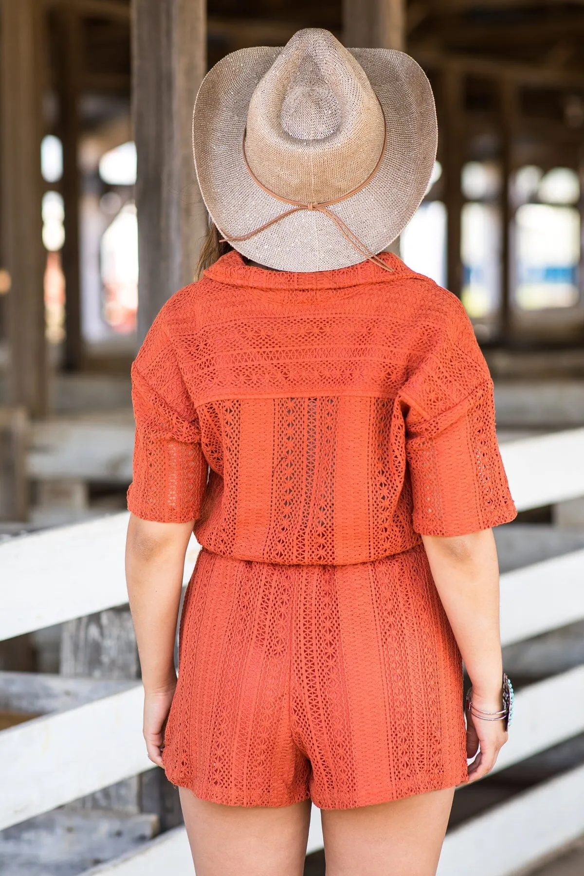 Burnt Orange Lace Elastic Waist Romper