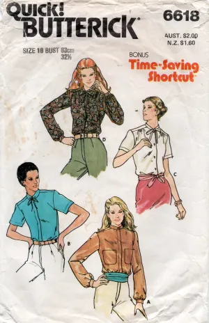 Butterick 6618 Womens High Collar Blouses 1970s Vintage Sewing Pattern Size 10 Bust 32.5 Inches