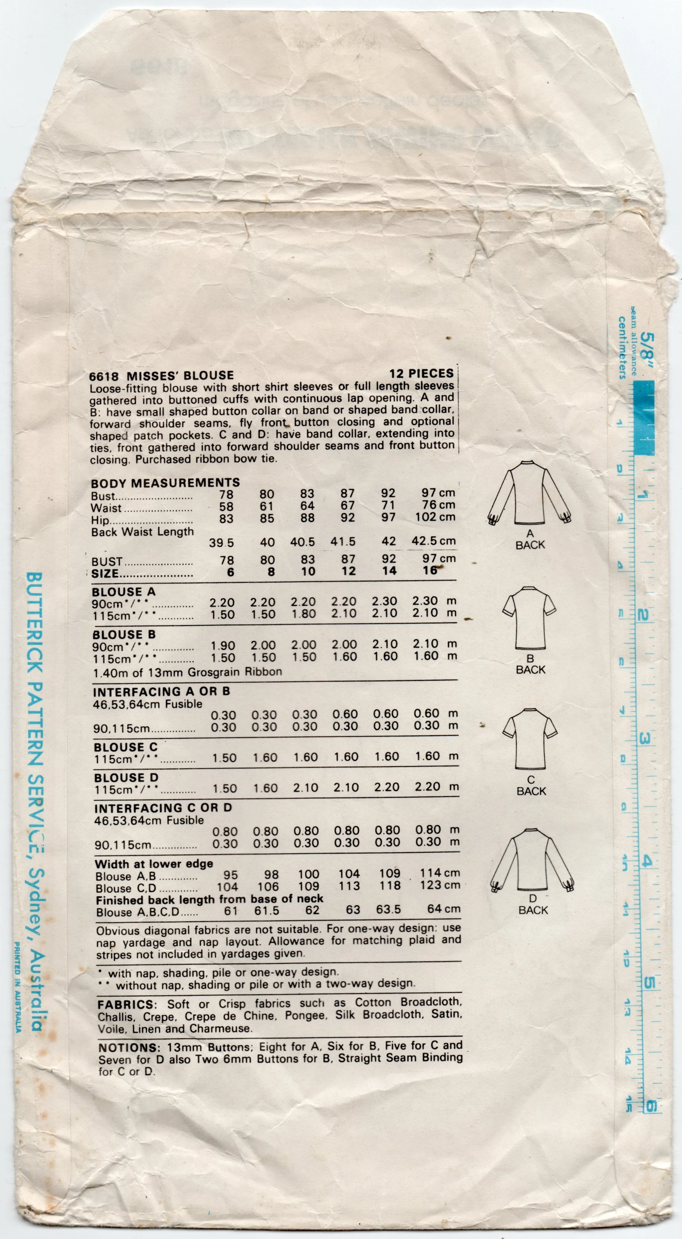 Butterick 6618 Womens High Collar Blouses 1970s Vintage Sewing Pattern Size 10 Bust 32.5 Inches
