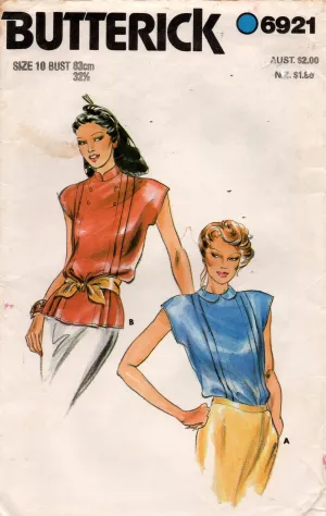 Butterick 6921 Womens Tucked Front Blouses 1980s Vintage Sewing Pattern Size 10 Bust 32.5 inches
