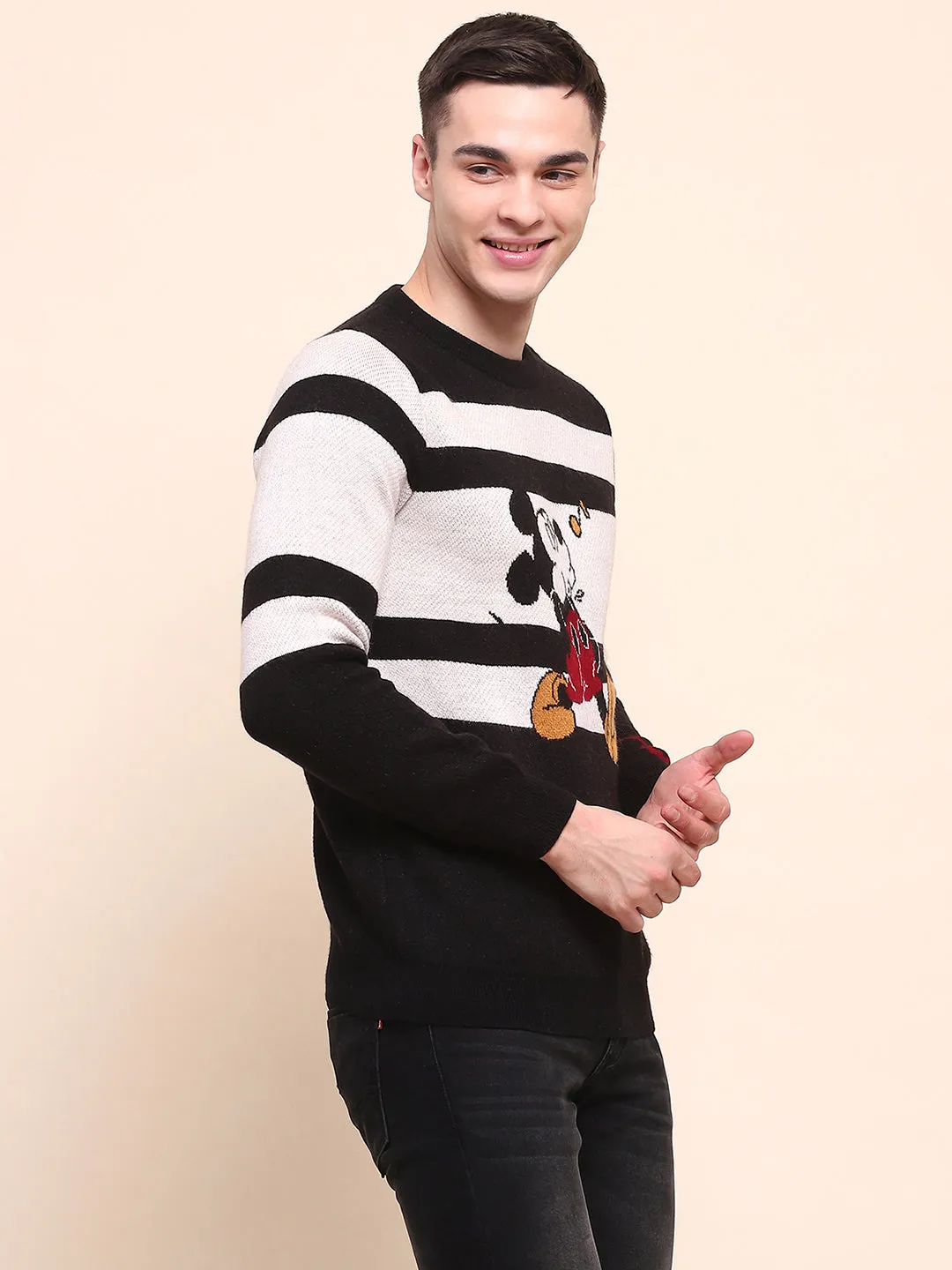 Camla Barcelona Striped Disney Printed Black Sweater