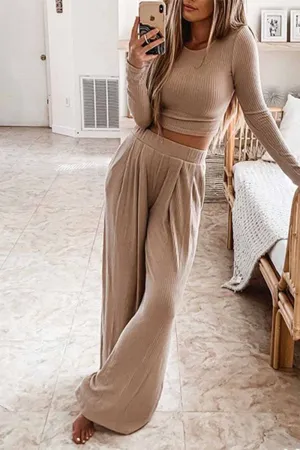 Chicindress Two-Piece Round Neck Solid Color Long Sleeves Wide Legs(4 Colors)