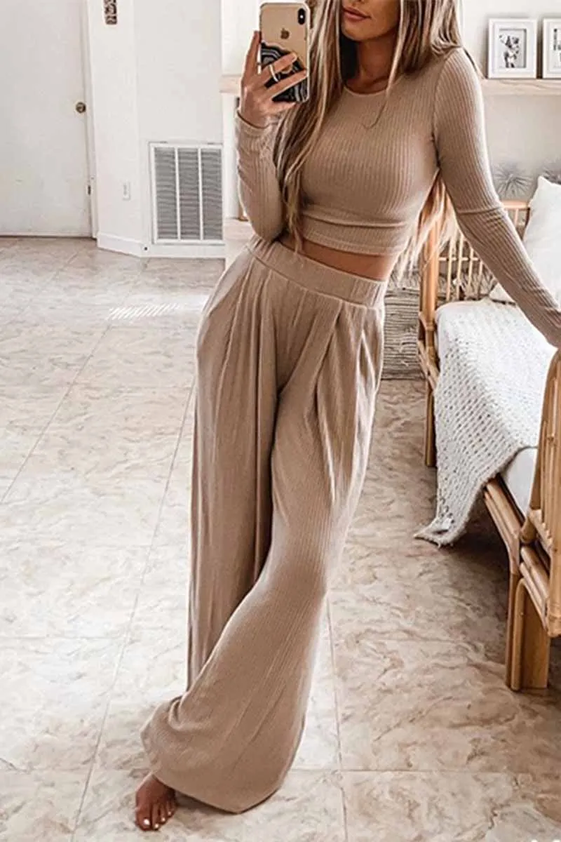 Chicindress Two-Piece Round Neck Solid Color Long Sleeves Wide Legs(4 Colors)