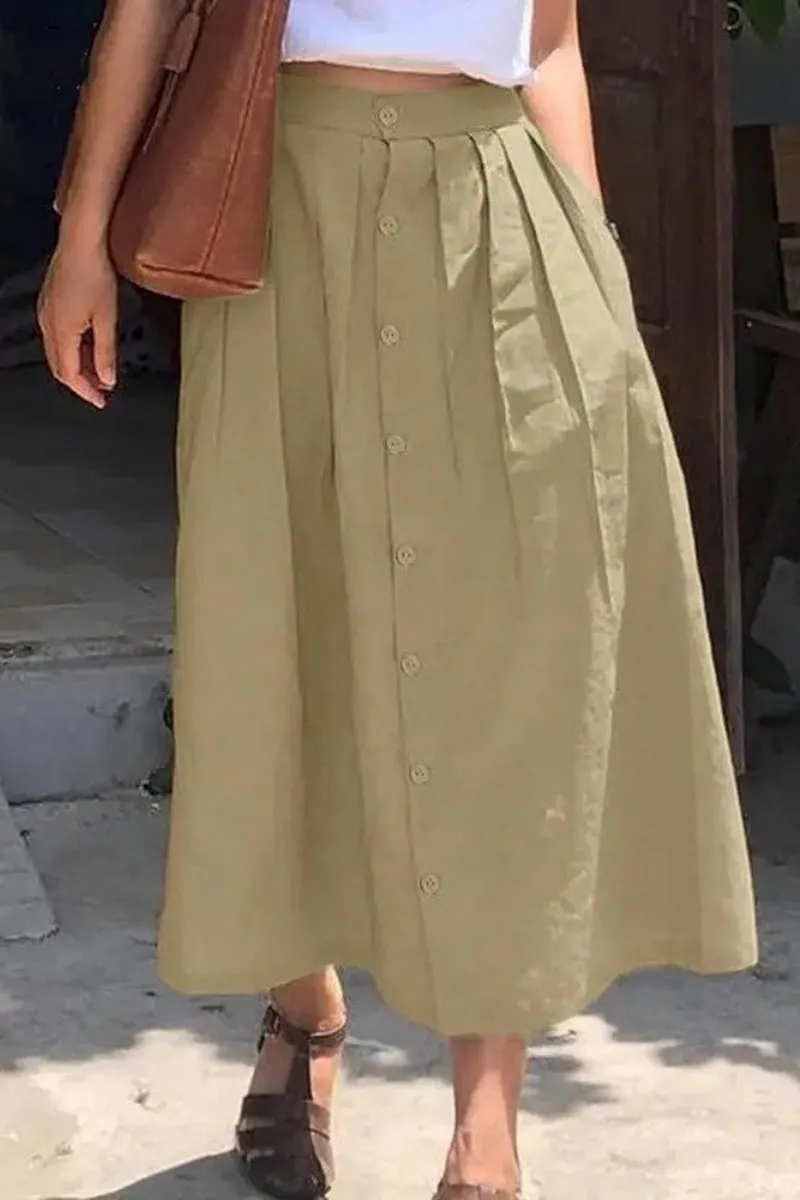Chouyatou Women's High Waisted Button Front Skirt A-Line Pleated Cotton Midi Long Skirt with Pockets