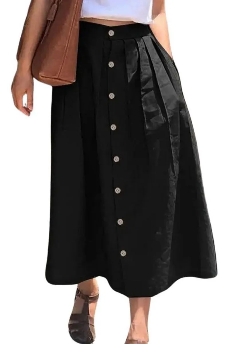 Chouyatou Women's High Waisted Button Front Skirt A-Line Pleated Cotton Midi Long Skirt with Pockets