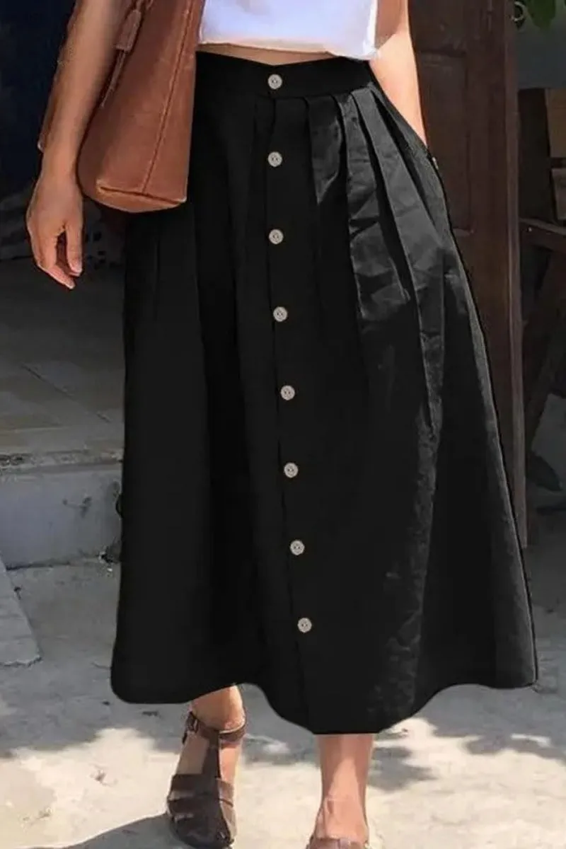 Chouyatou Women's High Waisted Button Front Skirt A-Line Pleated Cotton Midi Long Skirt with Pockets