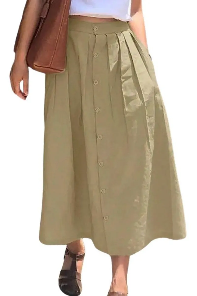 Chouyatou Women's High Waisted Button Front Skirt A-Line Pleated Cotton Midi Long Skirt with Pockets