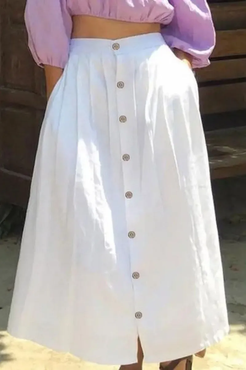 Chouyatou Women's High Waisted Button Front Skirt A-Line Pleated Cotton Midi Long Skirt with Pockets