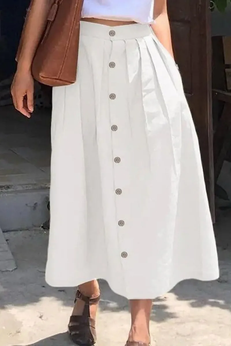 Chouyatou Women's High Waisted Button Front Skirt A-Line Pleated Cotton Midi Long Skirt with Pockets