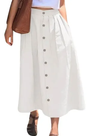 Chouyatou Women's High Waisted Button Front Skirt A-Line Pleated Cotton Midi Long Skirt with Pockets