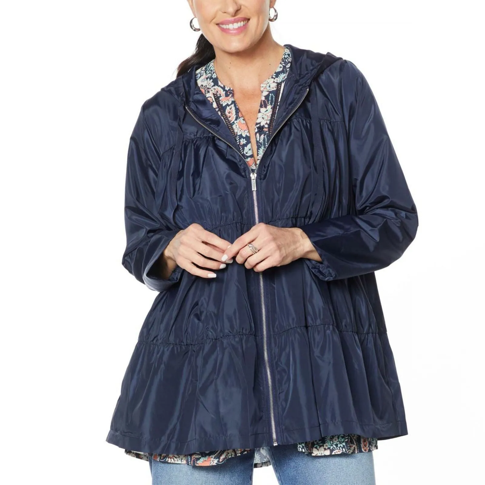 DG2 by Diane Gilman Women's Water-Resistant Hooded Tiered Raincoat