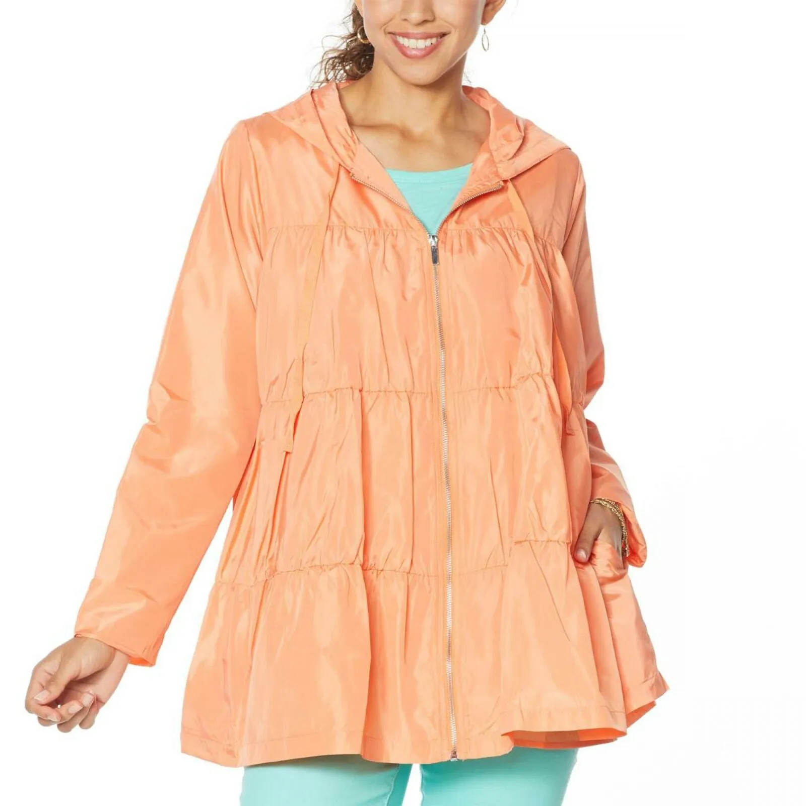 DG2 by Diane Gilman Women's Water-Resistant Hooded Tiered Raincoat