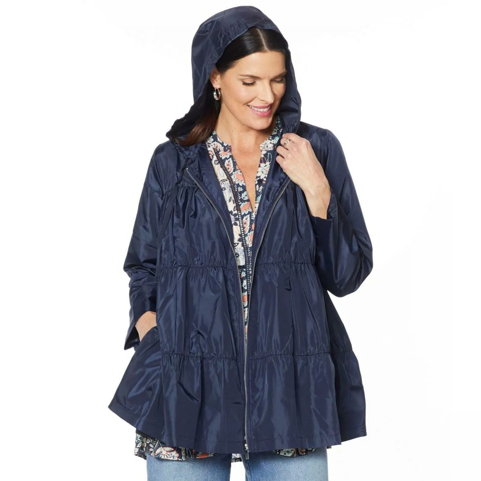 DG2 by Diane Gilman Women's Water-Resistant Hooded Tiered Raincoat