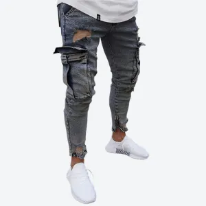 Distressed Denim Cargo Slim Joggers