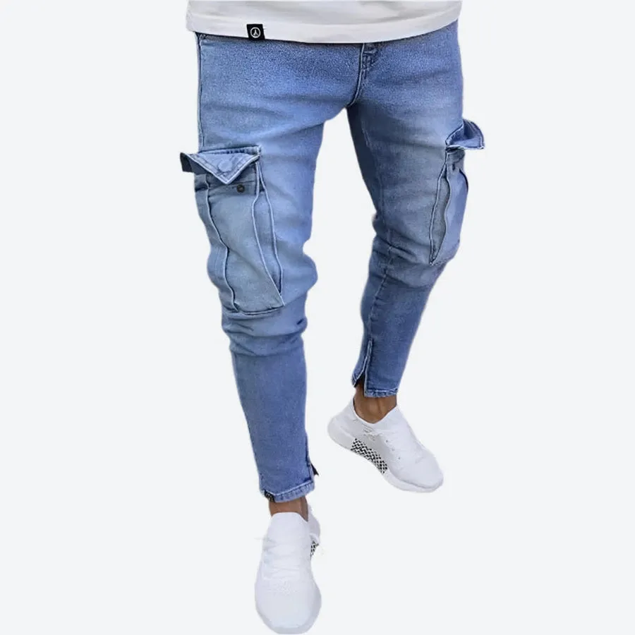 Distressed Denim Cargo Slim Joggers