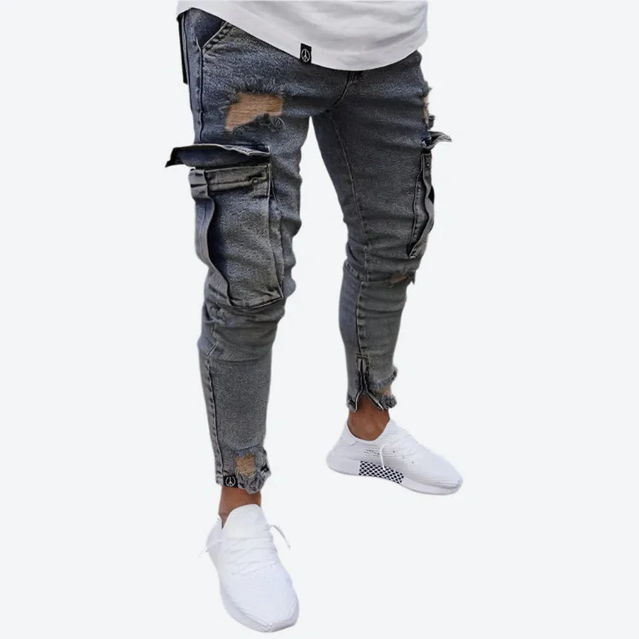 Distressed Denim Cargo Slim Joggers