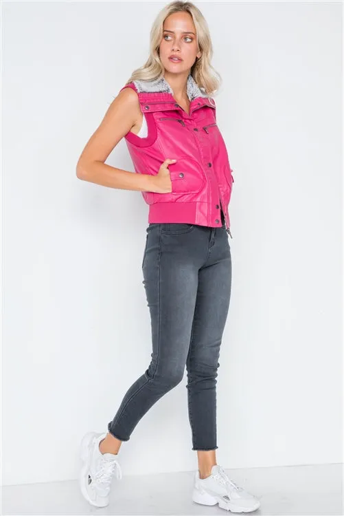 Faux Leather Funnel Neck Vest | Fuchsia