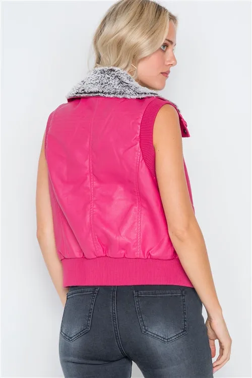 Faux Leather Funnel Neck Vest | Fuchsia