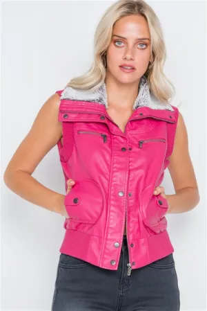 Faux Leather Funnel Neck Vest | Fuchsia