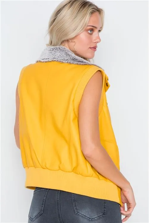 Faux Leather Funnel Neck Vest | Mustard