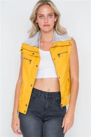 Faux Leather Funnel Neck Vest | Mustard