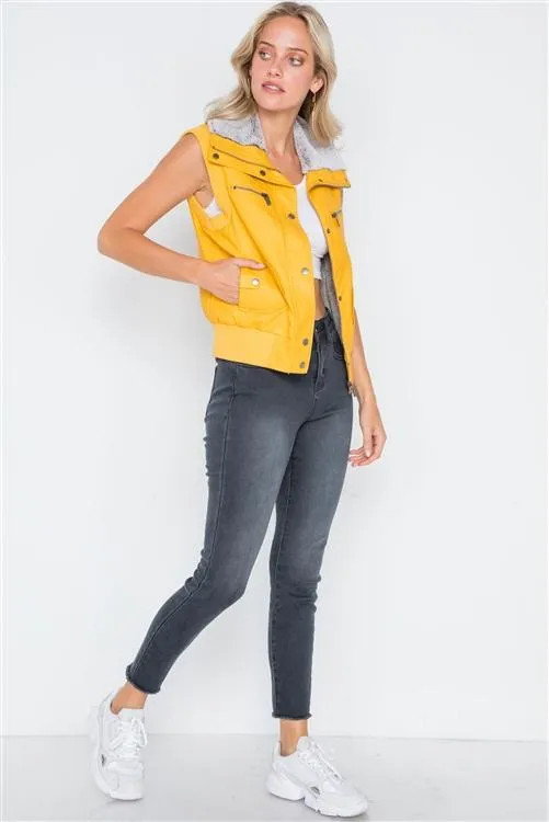 Faux Leather Funnel Neck Vest | Mustard
