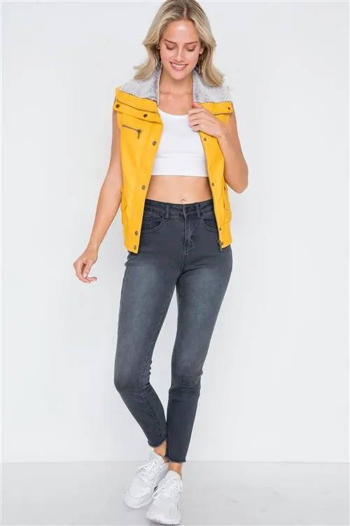 Faux Leather Funnel Neck Vest | Mustard
