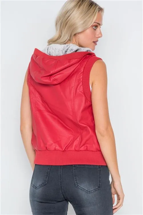 Faux Leather Hooded Vest | Red