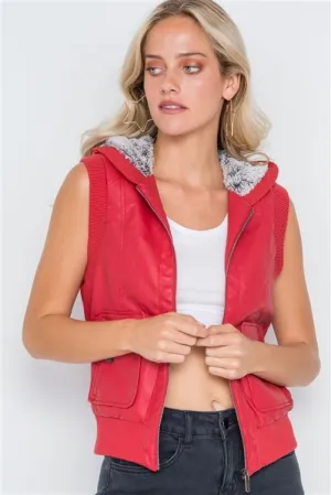 Faux Leather Hooded Vest | Red