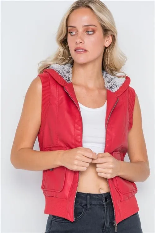 Faux Leather Hooded Vest | Red