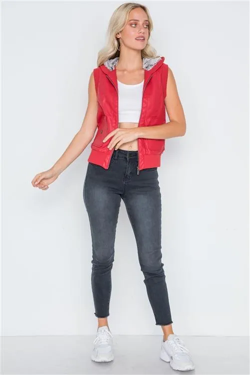 Faux Leather Hooded Vest | Red