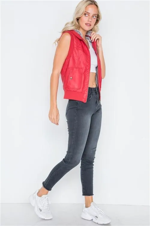 Faux Leather Hooded Vest | Red
